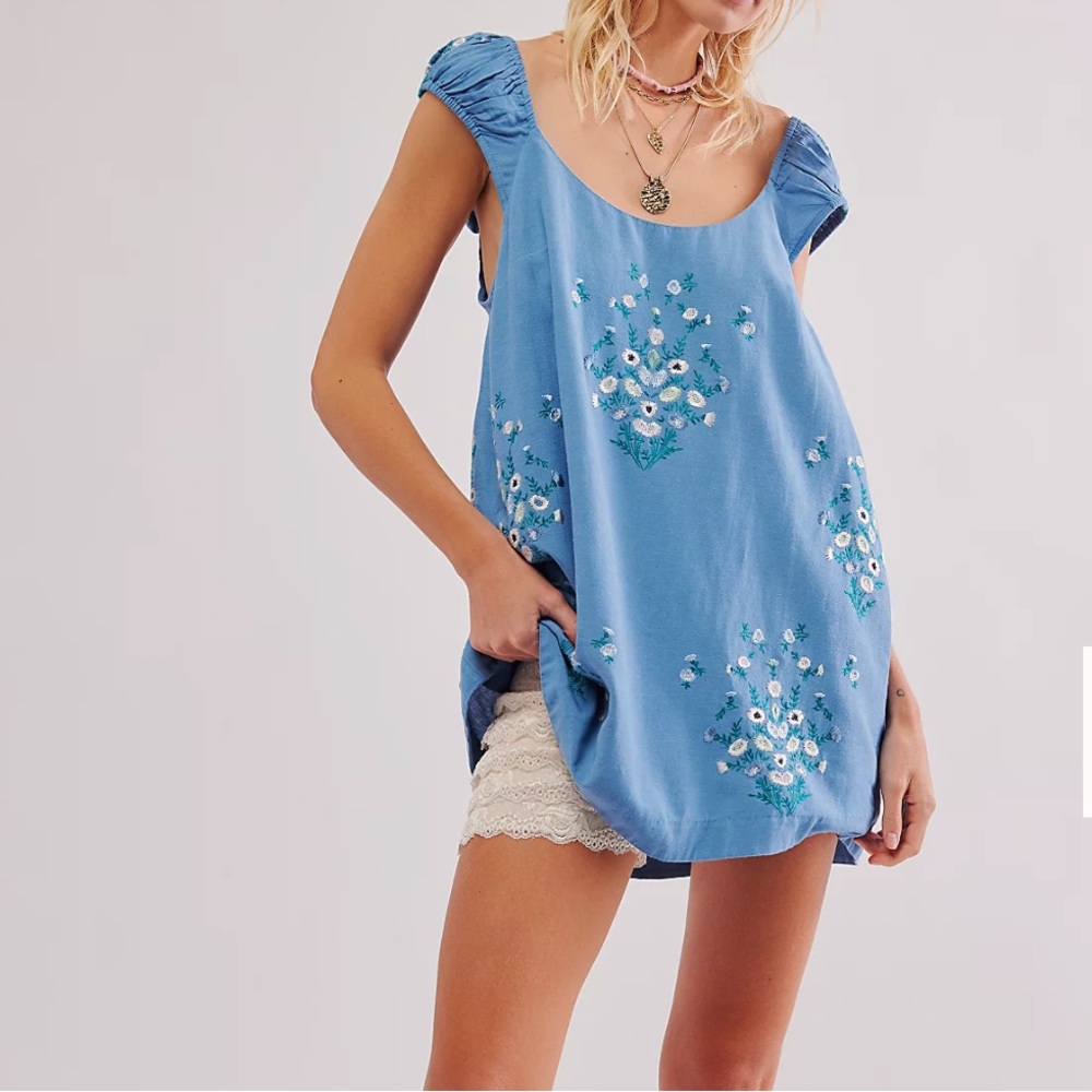 Wildflower Embroidered Mini Dress - Copen Blue Combo